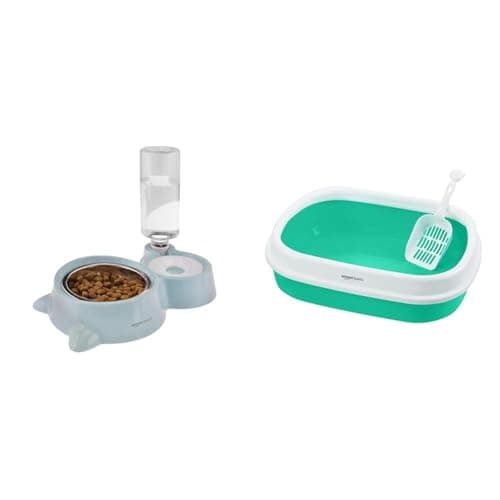 amazon basics 2 In1 Pet Feeder Food and Water Dispenser|Stainless Steel Bowl|Suitable for Cats and Dogs,32 cm,H_22 cm,W_16.5 cm with Amazon Basics Cat Litter Box Tray with Free Scooper|Green