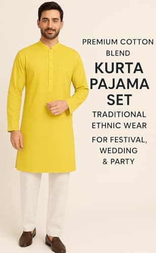 Wannabees Kurta Pajama for Men Set | 100% Cotton | Regular Fit Traditional Ethnic Wear for Festivals, Weddings,Puja, Parties & Occasions (IN, Alpha, XL, Regular, Yelllow) 2