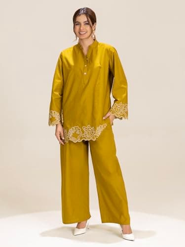 TITTLI Women Pure Cotton Embroidered Co-ord Set | Mandarin Collar Tunic & Trouser Set with Star Stitch Work | Full Sleeves | Regular Fit | Side Pocket | M to XXL 2