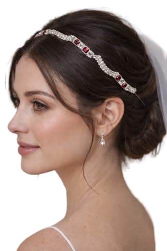 Bridal Crystal Evil Eye Hair Band for Women | Silver Rhinestone Headband with Blue Stones | Wedding Tiara Style Hair Accessory for Bride, Party, Reception & Festive (Red) 2