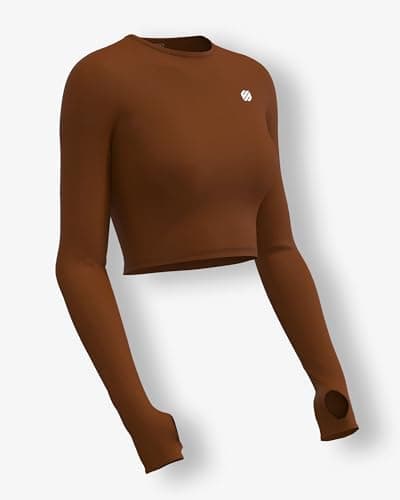 Sfytt Women's Activewear Crop Top, Long Sleeve with Thumbholes, Performance Gym Workout Top, Athletic Yoga Top, Clay Brown, Large 4
