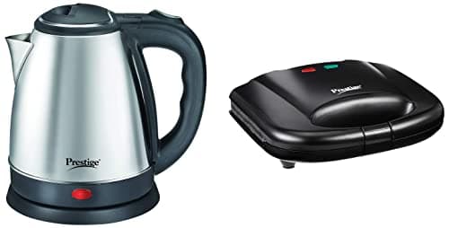 Prestige Electric Kettle PKOSS - 1500watts, Steel (1.5Ltr), Black + Prestige PGMFB 800 Watt Grill Sandwich Toaster with Fixed Grill Plates,Black