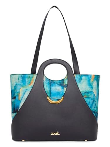 ZOUK Women's Ivana Office Bag for Women | Black Saffiano Vegan Leather Tote Bag | Fits 15.6-Inch Laptop | Dual Handle + Twin Gadget Compartments | Blue Mosaic Print