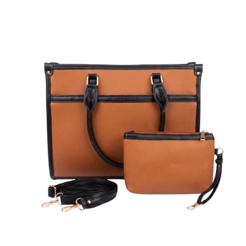 Women's Laptop Tote Bag with Laptop Compartment | PU Leather Office Handbag for Women | Large Work Shoulder Bag with Detachable Sling Strap & Matching Pouch | College & Travel Tote