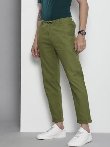 The Indian Garage Co Men Slim Fit Solid Mid-Rise Elasticated Linen Trousers 3