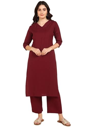 BLOCKS OF INDIA Womens Cotton Solid Straight Kurta Set | Hand-Stitched Neck Details Pintucks | Comfortable Pants with Pockets, Elastic Waist & Drawstring Fit(Maroon Medium)