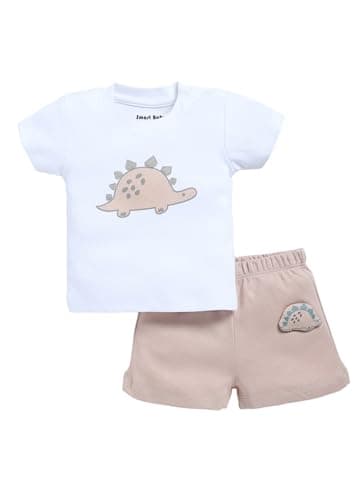 Smart Baby 100% Cotton Interlock Fabric T-Shirt and Shorts Set for Baby Boys - Soft, Lightweight, Comfortable | Cute Dinosaur Print | for 3-6 Months | Blue & Oatmeal Color (Pack of 1)