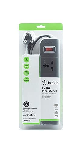 Belkin 4-Socket Extention Board with Surge Protector Universal Socket with 5Ft (1.5-Meter) Heavy Duty Cable Overload Protection, Comes with 5 Years Manufacturer Warranty, Grey Color, 350 Volts 3