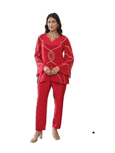 FABNEX Women Embroidered Co-Ord Set || Women 2 Pic Stylish Kurta Set (K-217-Red-M)