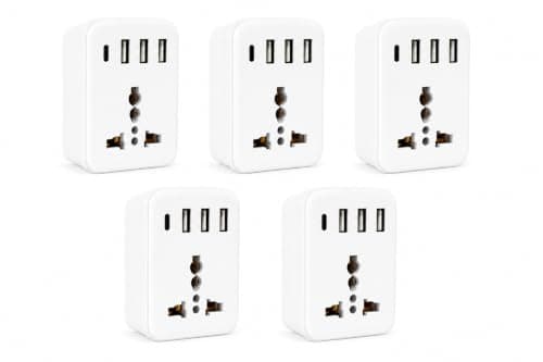 MX 5-in-1 MultiPort Adapter with Cordless Extension Board | Universal AC Socket, 1 x Type C, 3 x USBs, 2500W Output, 15W USB C & 3.4A USB-A PD Charging Output for Tight Spaces, Travel Adapter, 5 Pack