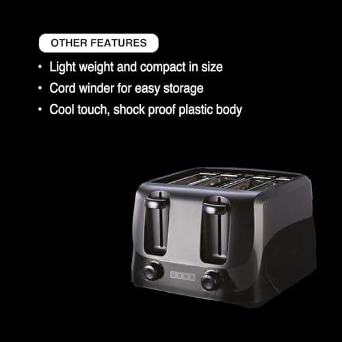 Usha iToast 4 Slice Pop Up Toaster | 1400W | 6 Browning Settings | Cool Touch, Shock Proof Plastic Body| Removable Crumb Tray | Automatic Bread Centering for Uniform Browning |2 Years Warranty(Black) 3