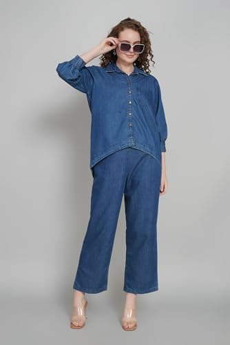CREATIVE KURTI PALACE Blue Denim Co-ord Set for Women – Top & Bottom Combo | Mandarin Collar Kurta with Pants – Everyday Comfort | (IN, Alpha, 2XL, Regular, Denim Blue) 2