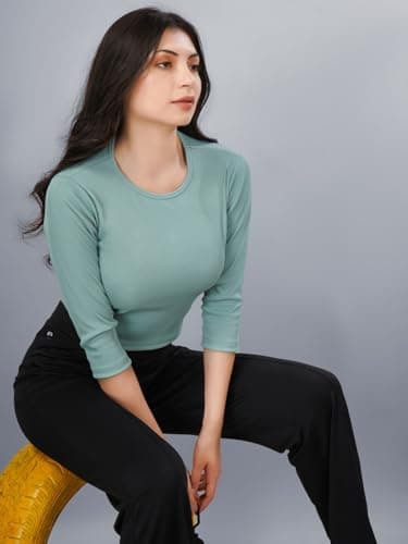 Plus Size Womens Tshirts Tops 3/4th Sleeve Crop Tops Slim Fit Gym Workout Top 4
