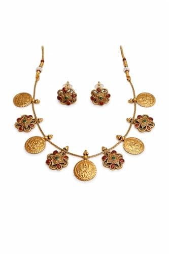 Dvina Glow South Indian Temple Coin Necklace Set for Women | Antique Gold Plated Coin Choker Haram with Floral Stone Stud Earrings | Traditional Bridal Festive Jewellery for Saree, Lehenga, Wedding