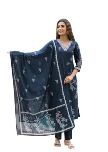FABNEX Kurta Set for Women | Stylish Cotton Printed Kurti Pant Set | Indo-Western Casual & Festive Co-ord Set for Women (K-233-Teal-M)