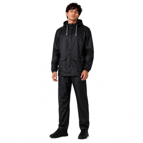 Rain Coat for Men Waterproof, Hypora Fabric Rain Suit with Hood, Jacket & Pant Set, Hidden Front Zipper, Lightweight Windproof Rain Wear, Large Pockets for Bike Riding, Trekking & Outdoor Work, BLACK