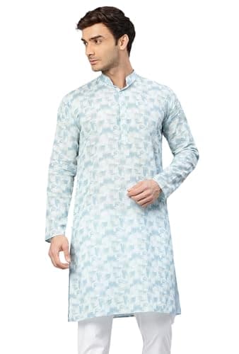 Majestic Man Cotton Mandarin Collar Ethnic Motifs Printed Long Regular Fit Kurta For Men (X-Large, Sky Blue)