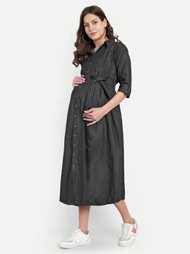 MAMMA'S MATERNITY Women's Cotton Denim Maternity Feeding Dress with Nursing Zippers Comfortable Breastfeeding Dress for Pregnancy Pre and Post Pregnancy Wear (Black, M) 3