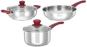 Amazon Brand - Solimo Stainless Steel 3 Piece Cookware Set | Three Layer Impact Forged Heavy Bottom for Durability | Soft Touch Handles & Knob | 2200, 1700, 3000 ML | Silver|Induction and Gas Stove Co