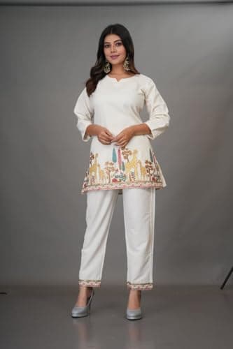 Birdhaus s Women's Khadi Cotton Embroidered Co-Ord Set | Ethnic Tunic Kurta with Pant| Floral Bird & Elephant Embroidery | V-Neck | 3/4 Sleeve | Casual Office Wear (Pack of 1) (3161-2XL) 4