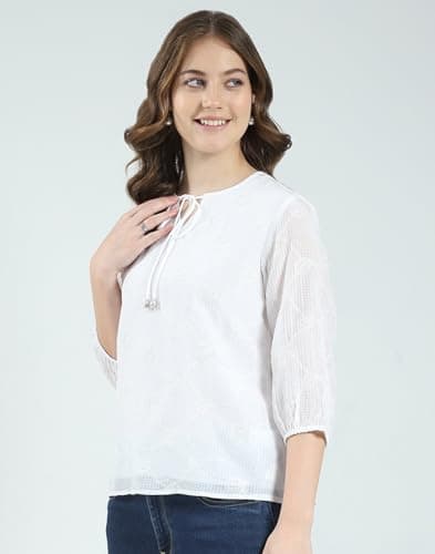 Monte Carlo Women's Regular Fit Self Designed Round Neck Top | 3/4 Sleeve | Casual Wear | Stylish & Comfortable | Everyday Wear Top for Women White S (Pack of 1) 2
