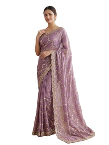 Flosive"Elegant Lavender Silk Saree for Women with Zari Embroidery, Sequin Work & Designer Blouse Piece for Wedding, Party & Festive