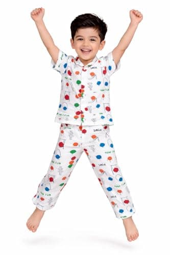 3BROS Unisex Pure Cotton Short Sleeve Kids Night Dress for Boys & Girls Nightwear/Sleepsuit/Sleepwear/Loungewear Night Suit for Boys and Girls Top and Pyjama Combo Set (Multicolor-27, 7-8 Years)
