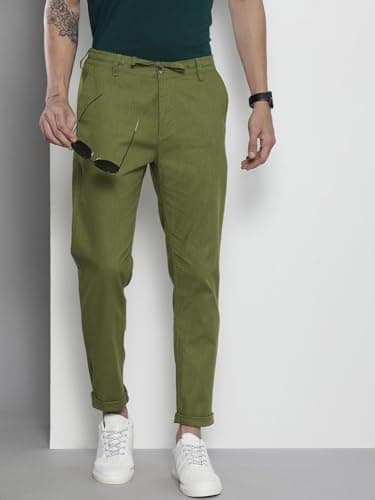 The Indian Garage Co Men Slim Fit Solid Mid-Rise Elasticated Linen Trousers 2