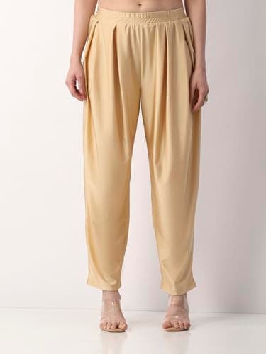 Biba Women Gold Viscose Lycra Straight Solid Palazzos_XXXL 2