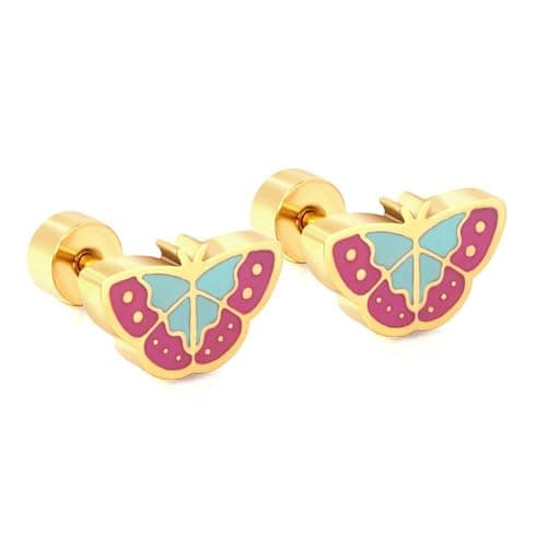 Twisty Locks 18K Gold Plated Pink Butterfly Stud Earrings for Girls Kids | Pretty Pink Charm | Hypoallergenic | Pack of 2
