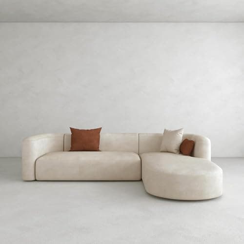 SHINE WOOD ART 105" Luxury Modern Tight Curved Back Velvet Sofa, Minimalist Style Comfy Couch for Living Room Apartment, L-Shape Chaise, Cream 4