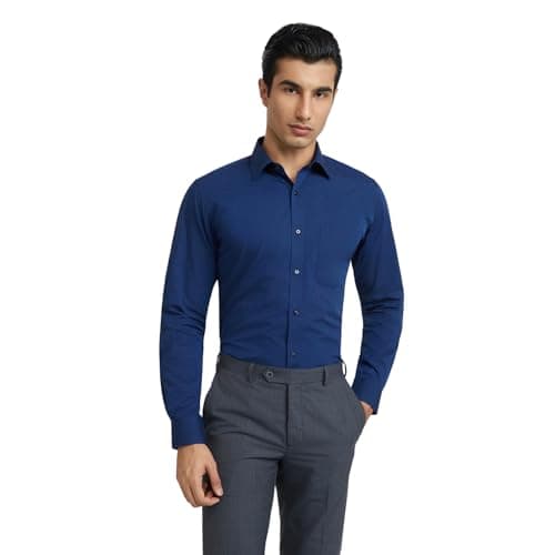 Raymond Men Slim Fit Structure Pattern Pure Cotton Semi Cutaway Collar Full Sleeve Formal Shirt (Size: 42)-RMSX12860-B8 Dark Blue