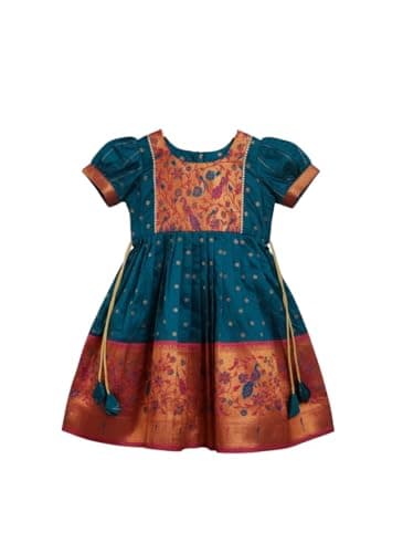 Girls Semi Silk Ethnic Frock with Peacock Yoke and Border Brocade | Girls (Teal Blue-3 to 4 Year)