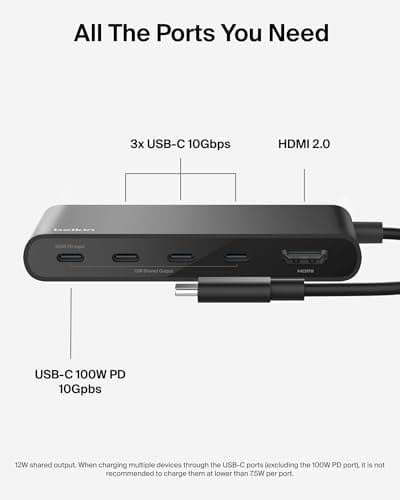 Belkin USB Hub for Laptop 5-in-1, USB C Hub – Multi USB Port Adapter with 4K HDMI @ 60Hz, 100W USB-C PD, 10Gbps High Speed Data Transfer | Type C Hub Docking Station for MacBook, iPad Pro, Chromebook 3