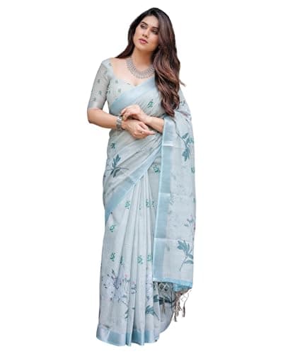 Kaugalian store Linen Cotton Floral Printed Grey & Blue Saree For Women With Unstitched Blouse Piece