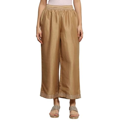 Biba Women Gold Polyester Straight Dyed Palazzo Pants_S