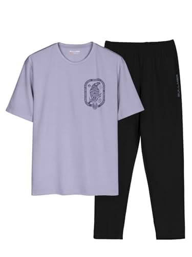 BULLMER Trendy Clothing Set with Oversized T-Shirt & Pants Co-ords for Men/Purple:Black/Large