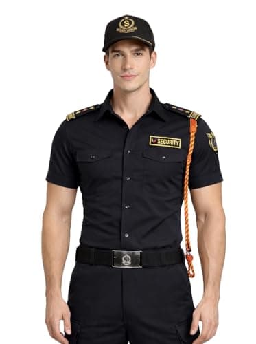 Men's Black Security Uniform Shirt, Short Sleeve with Gold Embroidered Patches and Epaulettes (in, Alpha, L, Regular)
