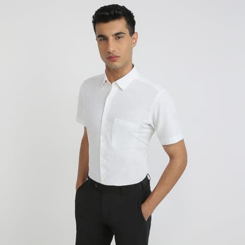 Raymond Men Regular Fit Chambray Pattern Cotton Linen Blend Button Down Collar Half Sleeve Casual Shirt (Size: 42)-RCSI01923-W0 3