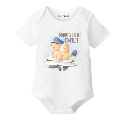 KNITROOT Father's Day Special, Cotton Onesie, Daddy's Little Co-Pilot, Unisex Baby Kids Half Sleeve Cotton White Romper, Sleepsuit, Bodysuit, 9-12 Months, Infant Cloth for Boys & Girls