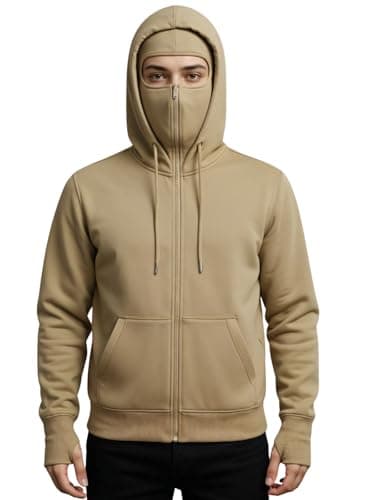 ADRO Men Balaclava Hoodies | 320 GSM Soft Cotton Zipper Hoodie | Thumb-Hole Cuff Gloves | Travel Jacket with Hood | Winter Sweatshirt | MZH-PLN-BE-S Beige
