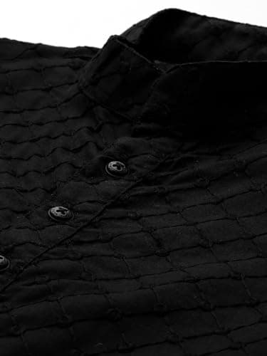 Majestic Man Polyester Mandarin Collar Ethnic Motifs Embroidered Long Regular Fit Kurta (Black, Large, Men) 5