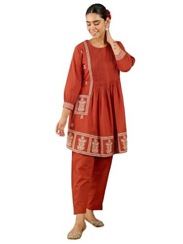 INDO ERA Women Rust Pure Cotton Co-Ord Set | Kurta Pant Set for Casual Wear,IESTR11561M | Co Ord Set For Women Stylish |