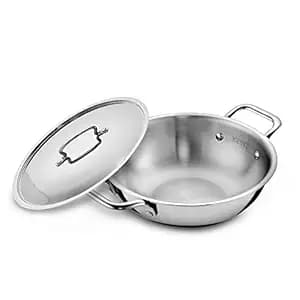 KENT Triply Kadai 24 CM with SS Lid 2.6 liter | Cool-Touch SS Hollow Cast Handle | Induction Friendly | Dishwasher Safe (Stainless Steel;Aluminium)