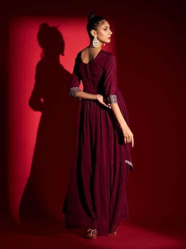 madhuram textiles Women's Chinon Chiffon Traditional Ethnic Long Western Dress With Embroidery Work Long Kurta(M-2361 Wine Blue_2XL), Maroon, Casual Dress 2