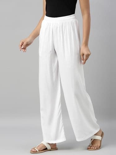 Go Colors Solid Viscose Basic Palazzo for Women | Mid Rise, Side Pockets, White_LPZ7_White_L 2
