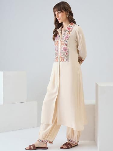 INDO ERA Women's Viscose Rayon Ethnic Motifs Embroidered A-Line Calf Length Kurta & Salwar Set (Beige_IESTR11220_Large) 4