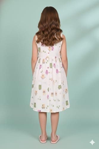 Cloth Bites Girl's 100% Pure Cotton Sleeveless A-Line Frock - Casual Summer Button-Down Dress with Pockets & Quirky House Print White 5