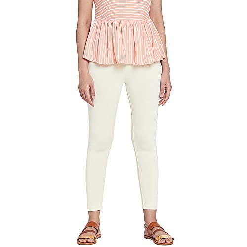 GO COLORS Soft Cotton Stretch Cropped Leggings for Women | Breathable, Mid Rise, Ecru