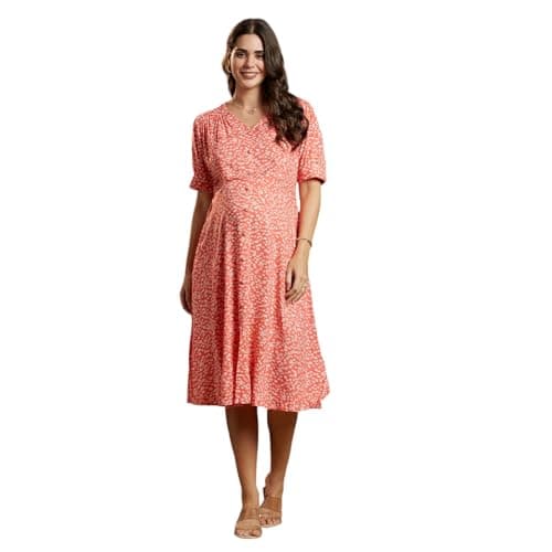 MomToBe Women's Rayon Maternity Dress with Zippers for Nursing Pre and Post Pregnancy (Sunkist Coral ; Medium)